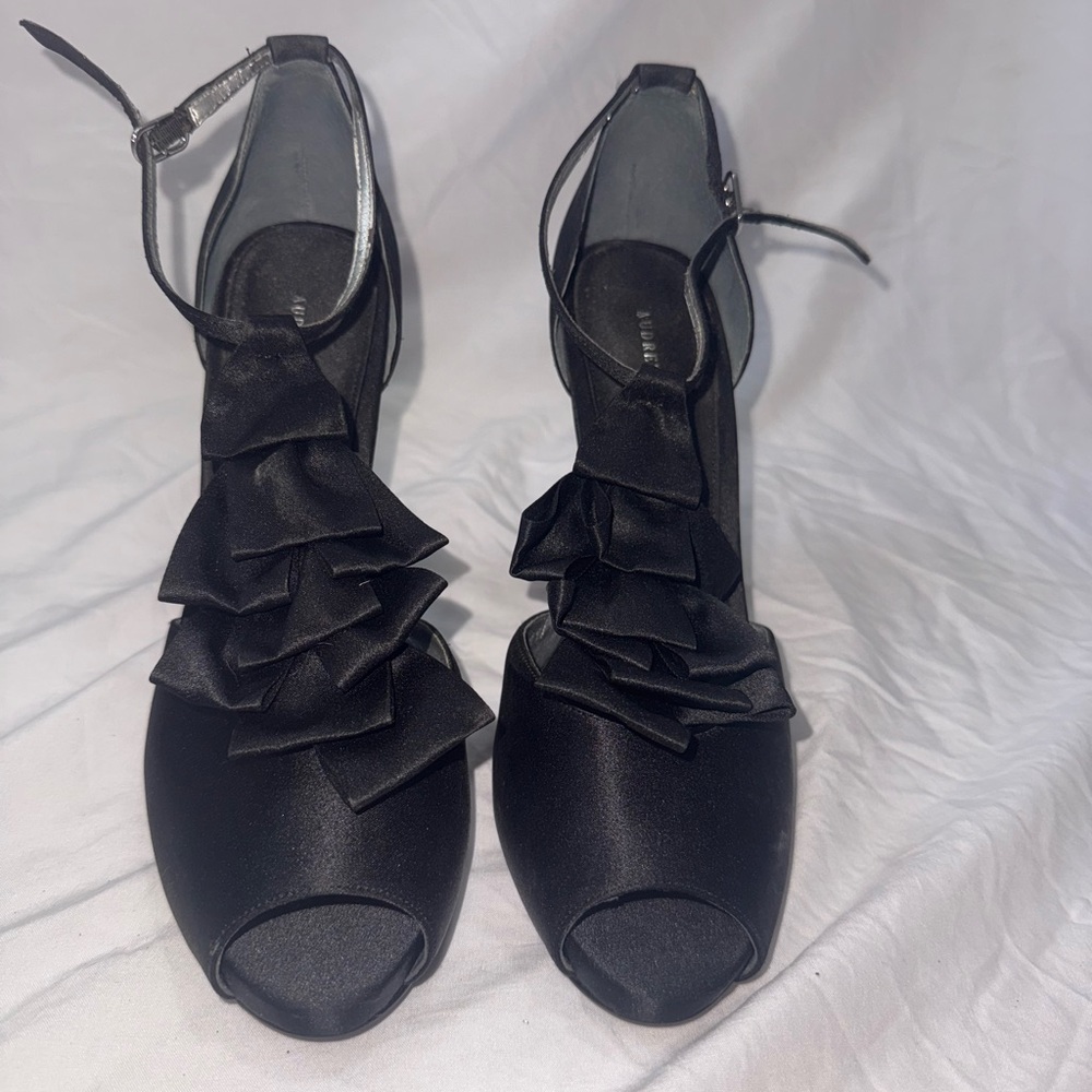 Audrey Brooke Black Satin Ruffle Heels